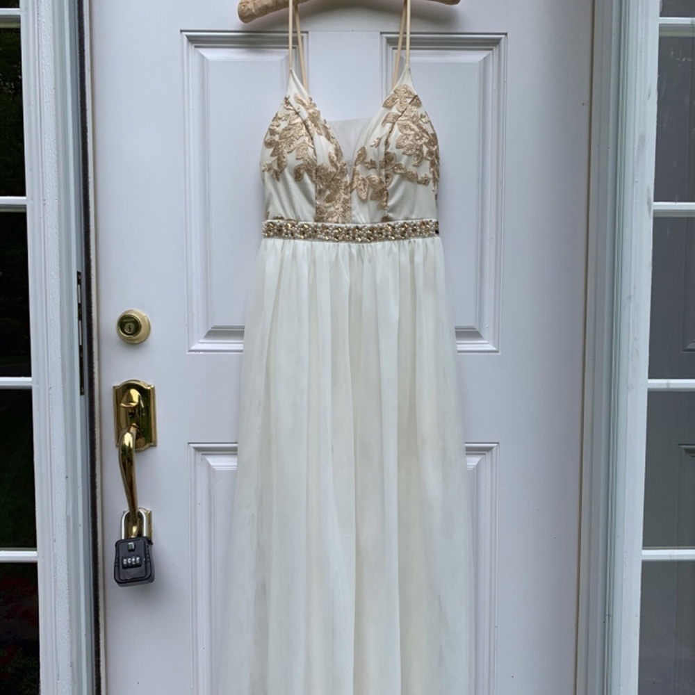 White Flowing Prom Dress with Gold Embellishments